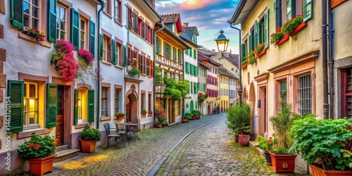 Cozy street in historic Basel with colorful buildings and old stone streets lined with lanterns and flowers, colorful buildings, charming streets