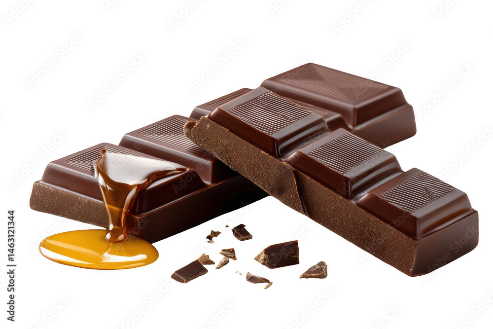 Fototapeta premium Delicious dark chocolate bar with caramel drizzle and pieces food rich on transparent background