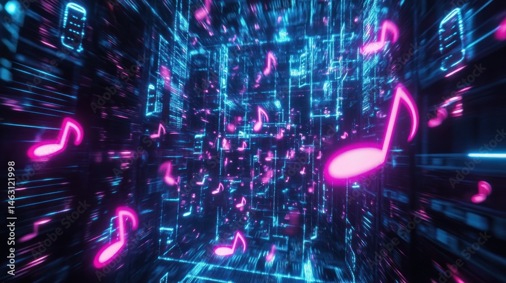 Obraz premium Abstract digital music visualization with vibrant notes in motion