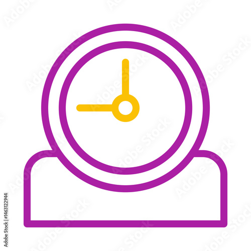 Stylized clock illustration with vibrant purple outline and yellow hands depicting time