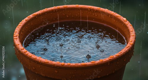 Terra Cotta Rain Catcher Pot Filled During Shower Refreshing Atmosphere