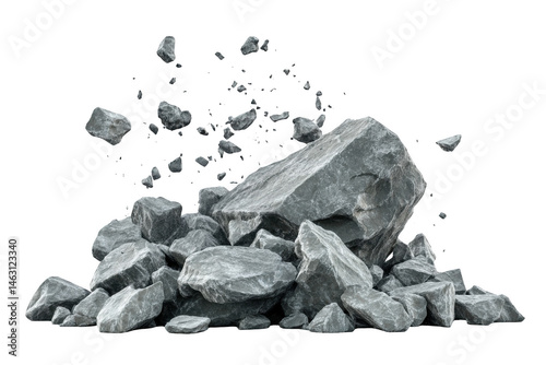 Crumbling grey rocks falling isolated dramatic scene 3d pile ruin hard on transparent background