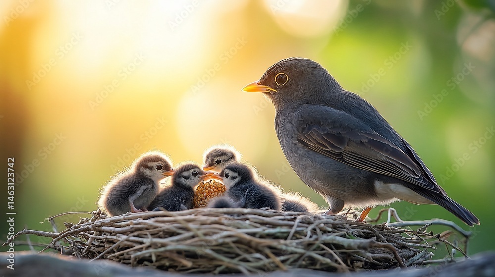 Fototapeta premium Mother bird watches over her babies nestled safely in their cozy nest