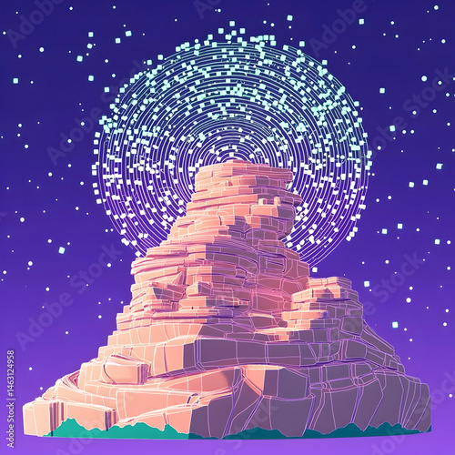 Digital energy swirls above a desert peak at night, illustrating technological advancement in a natural setting; ideal for tech or environmental themes