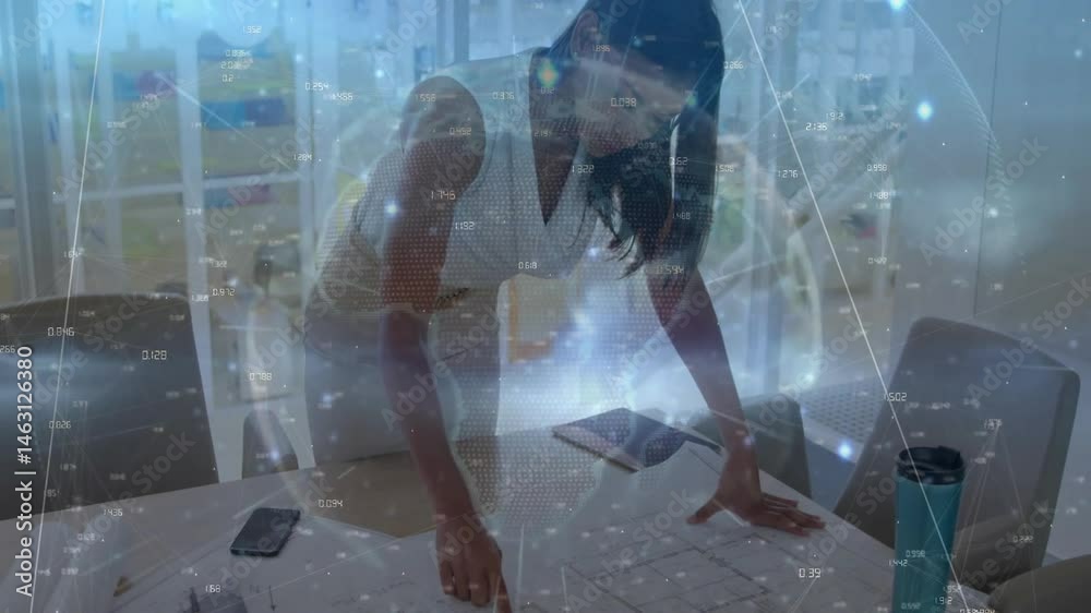 Businesswoman checking smartphone in tech office, showing floating network nodes connecting data Businesswoman checking smartphone in tech office, showing floating network nodes connecting data