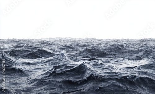 Turbulent ocean waves meet a bright, stark white horizon.  Detailed, textured water surface