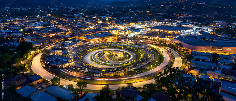 Fototapeta premium Aerial View Of Illuminated Circular Road System At Night