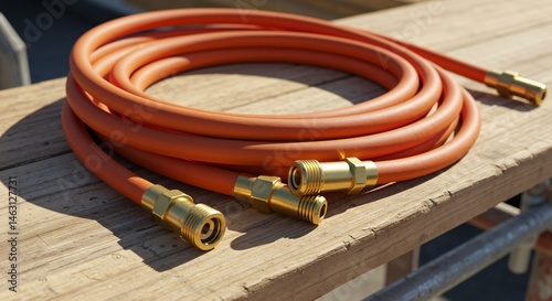 A coiled orange rubber air hose with shiny brass quick-connect fittings rests on a weathered wooden plank in bright outdoor sunlight.