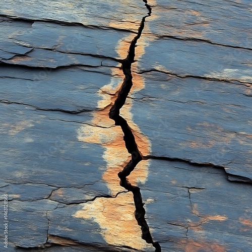 Geological fault line in dark, layered rock photo