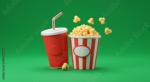 vector cartoon soda cup and popcorn combo, cinema snack icon, centered on green screen

