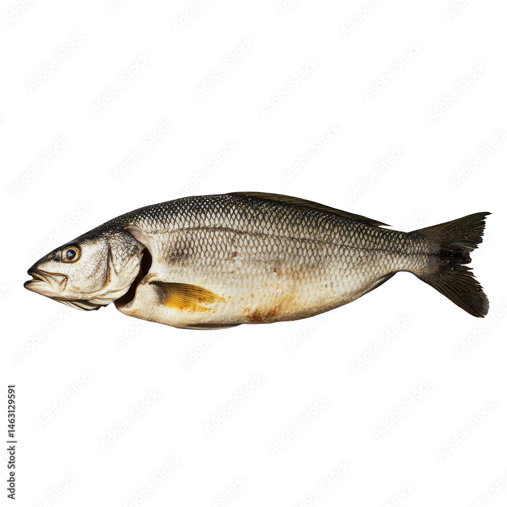 Fototapeta premium Single fresh raw sea bass fish isolated on fin grey tail body food diet on transparent background