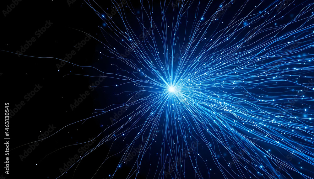Fototapeta premium Abstract Blue Light Trails Radiating from Central Point Creating Futuristic and Dynamic Effect on Black Background Evoking Connectivity and Technological Themes