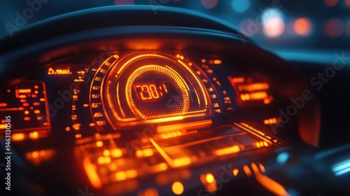 Futuristic Vehicle Interface, Glowing Dashboard in the Dim Nightscape