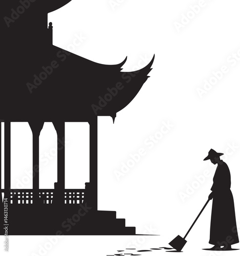 Silhouette of Traditional Asian Pagoda with Person Sweeping Cultural Architecture and Chores Concept