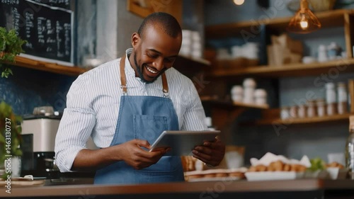 Smiling african american barista using tablet device in modern coffee shop setting