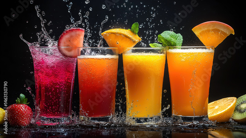 Colorful fresh fruit juices splashing in glasses captured with vibrant tones on black background