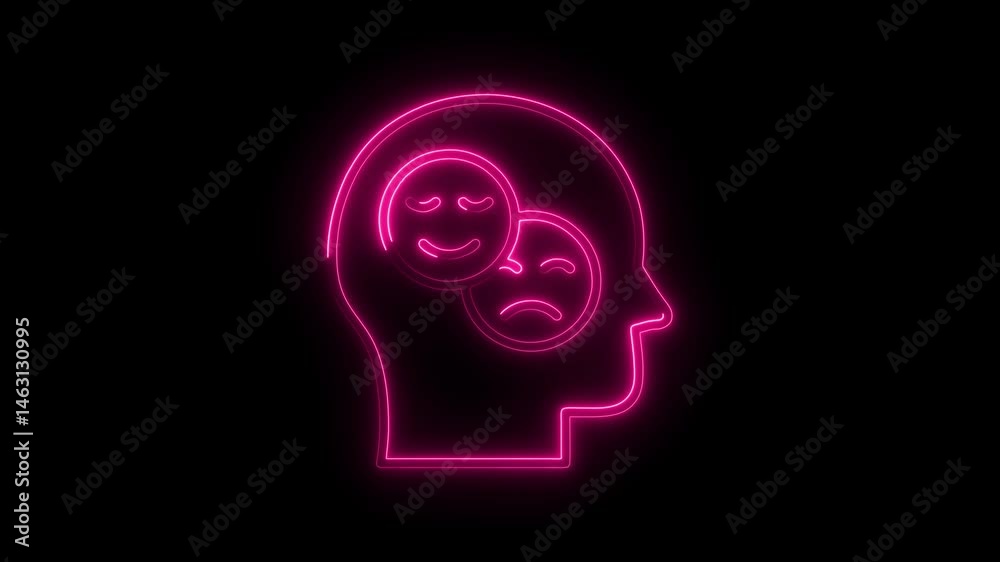 Neon head silhouette with happy and sad face expressions animation Neon head silhouette with happy and sad face expressions animation