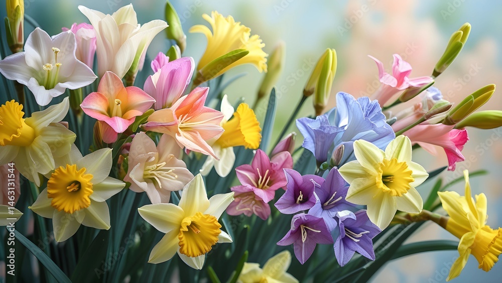 Fototapeta premium Vibrant Freesia and Daffodil Floral on Soft Pastel Spring Background