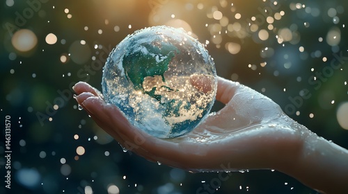 Hand Holding Earth with Water Droplets: A hand holding the Earth, covered in sparkling water droplets, symbolizing the importance of water conservation.
