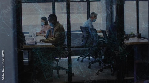 Wallpaper Mural Office workers typing on laptops behind transparent partitions, showing animated graphs above desks Torontodigital.ca