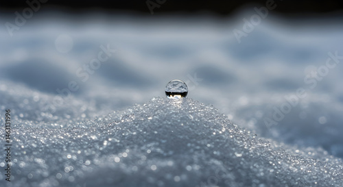 Melting Snow With A Water Drop Reflecting Winter Scene Macro Shot
