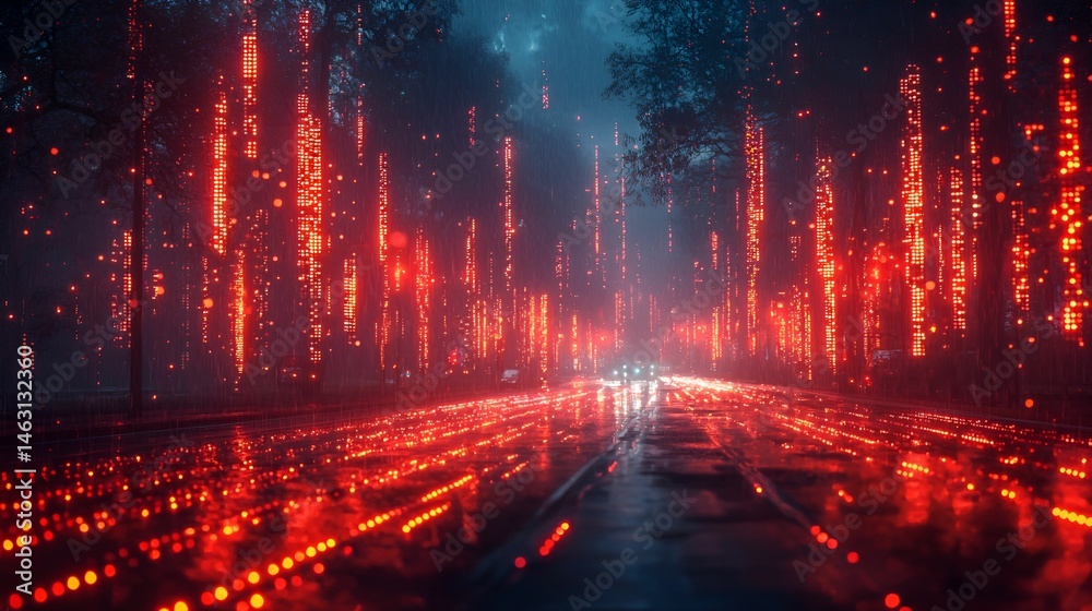 Fototapeta premium Rainy night road with red glowing lights.