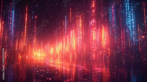 Abstract digital city glowing with neon lights at night.