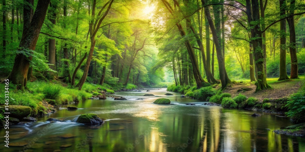 A tranquil stream flows gently through a dense forest A tranquil stream flows gently through a dense forest