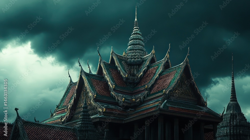 Fototapeta premium Stormy Sky over Temple Roof, Southeast Asia