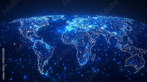 Global network connection, illuminated world map.