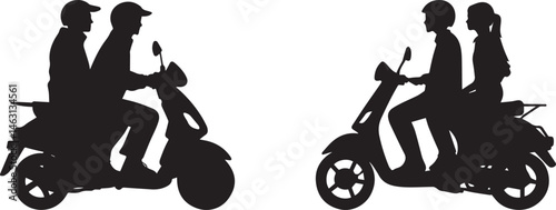 Silhouette of Couples Riding Scooters Together Urban Commute and Travel Concept Illustration