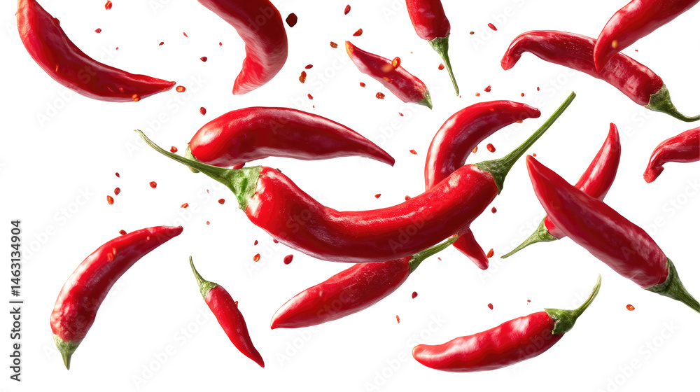 Flying and Falling Red Chili Peppers with Slices on Transparent Background Flying and Falling Red Chili Peppers with Slices on Transparent Background