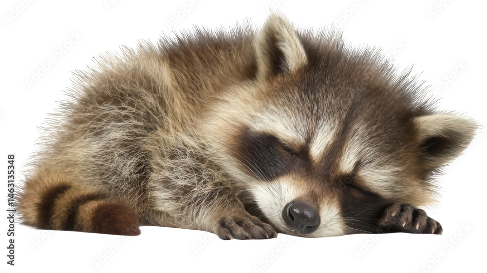 Obraz premium Realistic Sleeping Baby Raccoon Resting Isolated on White Background