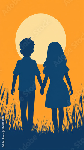 Summer Solstice nature, Silhouetted children holding hands at sunset, creating serene and nostalgic scene