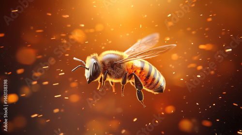 Summer Solstice nature, Bee in flight surrounded by glowing particles, creating warm and vibrant atmosphere