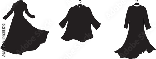 Silhouette of Long Dresses on Hangers Fashion Garment and Wardrobe Illustration Set