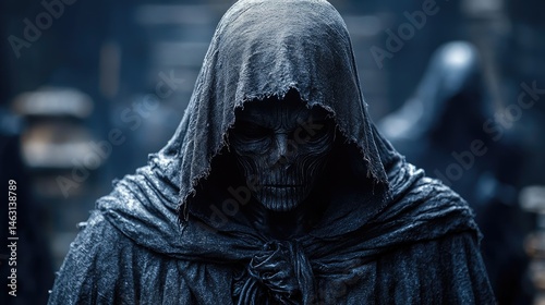 Dark hooded figure, menacing stare