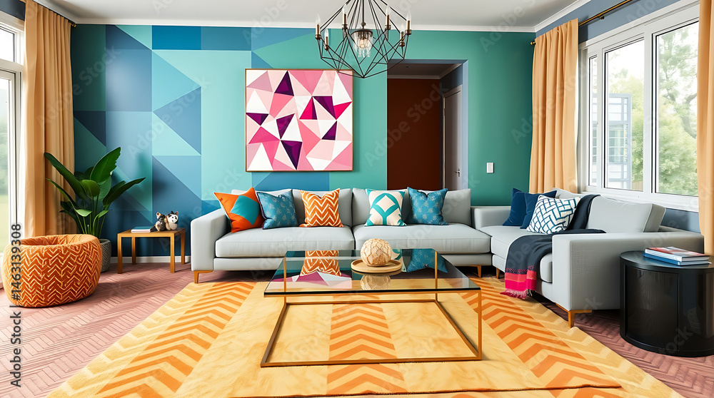 Fototapeta premium Modern Living Room Interior Design with Colorful Decor and Geometric Artwork