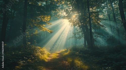 Sunbeams pierce a misty forest path  1 