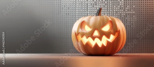 Eerie Jack-o'-Lantern with Glowing Grin against a Pixelated Background photo