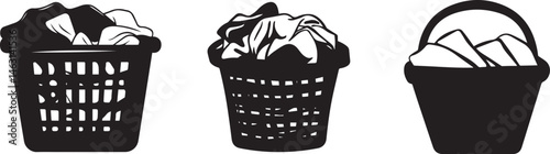 Silhouette Set of Laundry Baskets Full of Clothes Washing and Household Chores Illustration