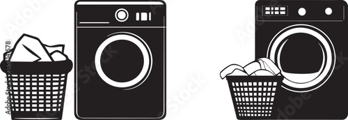 Silhouette of Washing Machines with Full Laundry Baskets Home Cleaning and Chores Concept