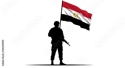 The image depicts silhouetted soldiers proudly holding the Egyptian flag, symbolizing strength, pride, and national defense.