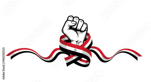 A bold clenched fist holding Egyptian flag ribbons, a visual representation of national strength, unity, and pride.