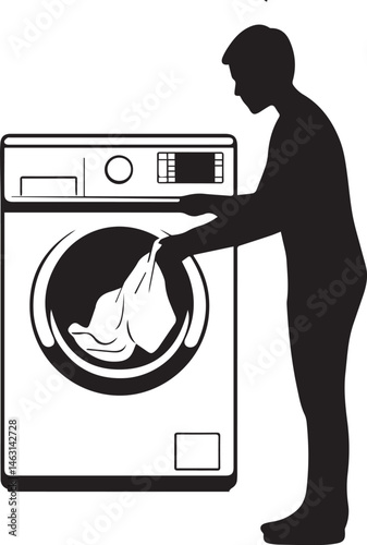 Silhouette of Man Loading Clothes into Washing Machine Home Laundry and Cleaning Chores Concept