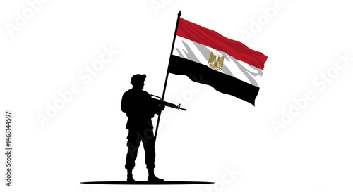 The powerful silhouettes of soldiers, each holding the Egyptian flag, showcase determination and the spirit of defending the nation.
