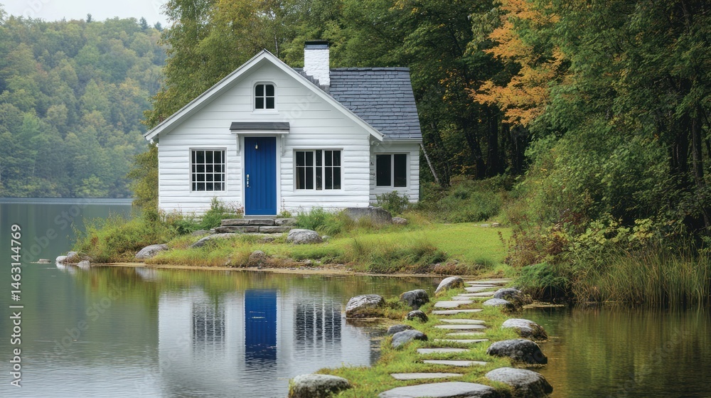 Fototapeta premium Tranquil lakeside cottage nestled amongst autumn foliage
