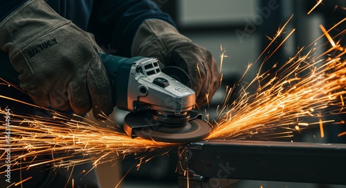 A skilled craftsperson, wearing heavy-duty protective gloves, expertly operates an angle grinder on a metal beam, creating a brilliant shower of hot sparks in an industrial workshop setting.