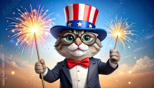 Cat dressed like a Fourth of July mascot