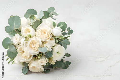 Ivory Bouquet with Greenery: A beautifully arranged bouquet of ivory ranunculus and white roses, accented with delicate eucalyptus leaves, symbolizes the elegance and purity of a special occasion.